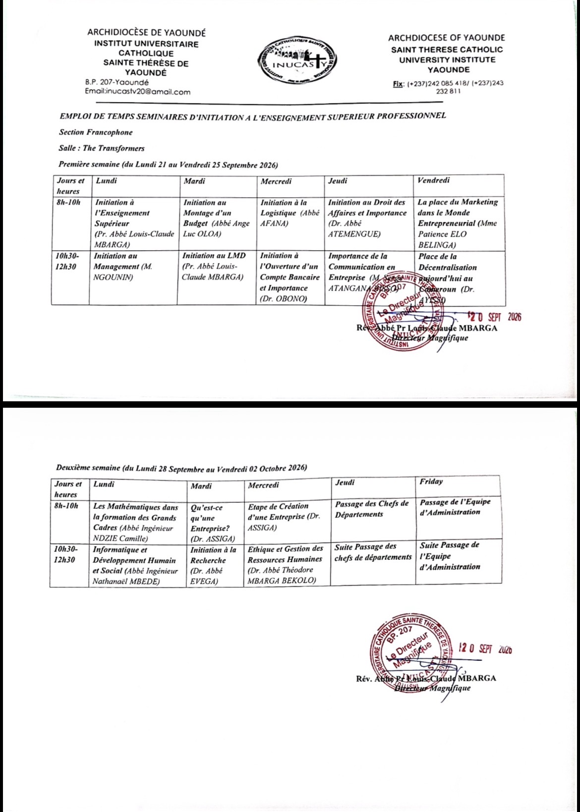 EMPLOI DE TEMPS SEMINAIRES D'INITIATION A L'ENSEIGNEMENT SUPERIEUR PROFESSIONNEL