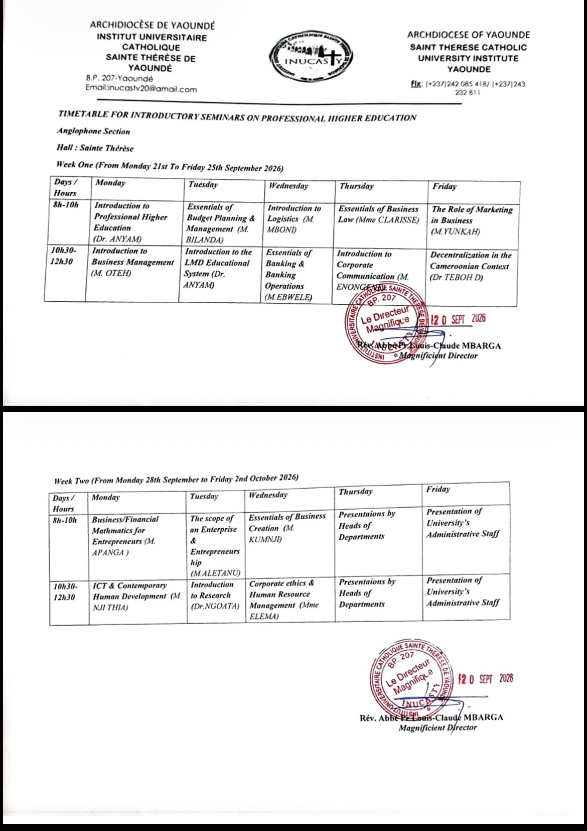 TIMETABLE FOR INTRODUCTORY SEMINARS ON PROFESSIONAL HIGHER EDUCATION