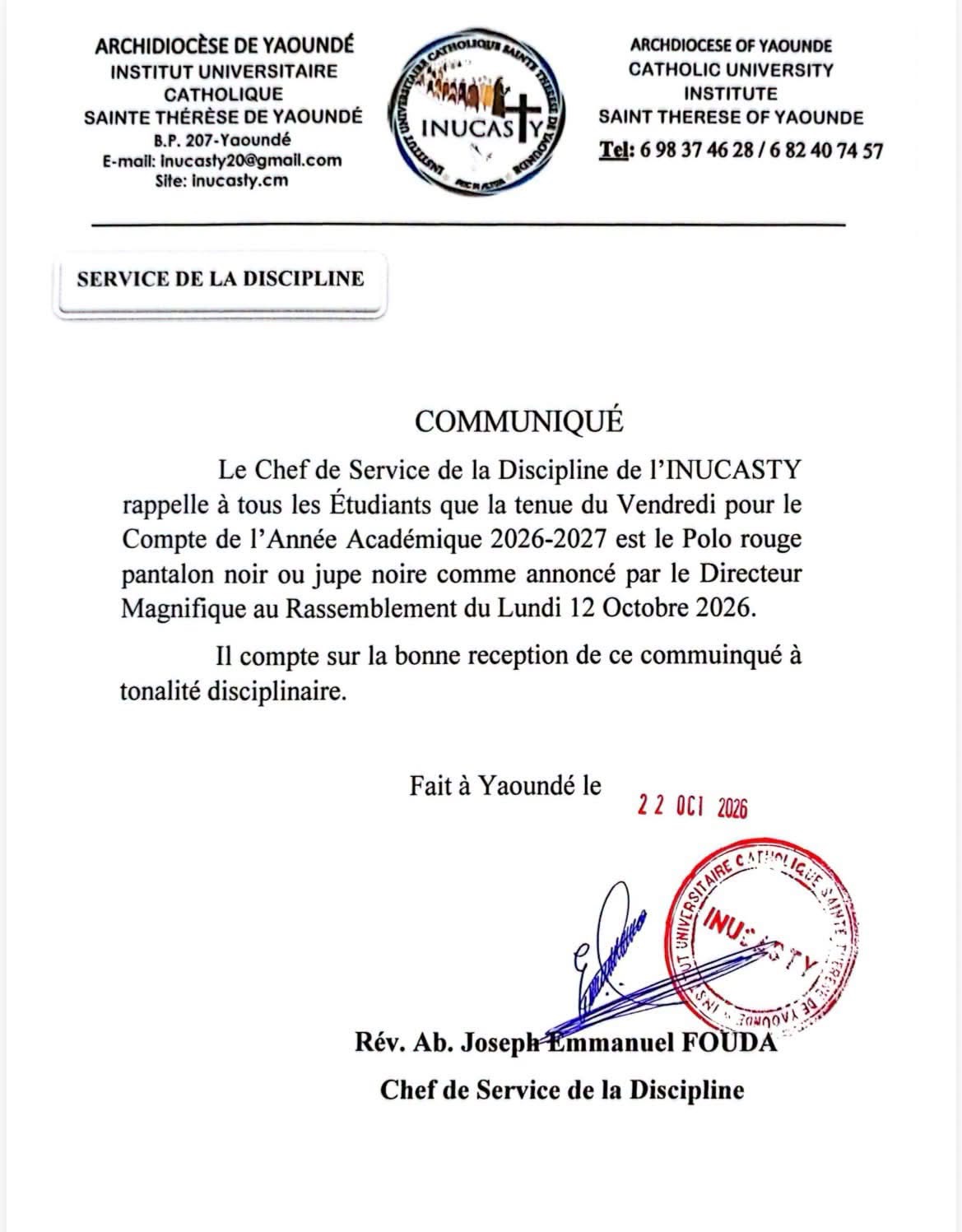 Communiqué Disciplinaire