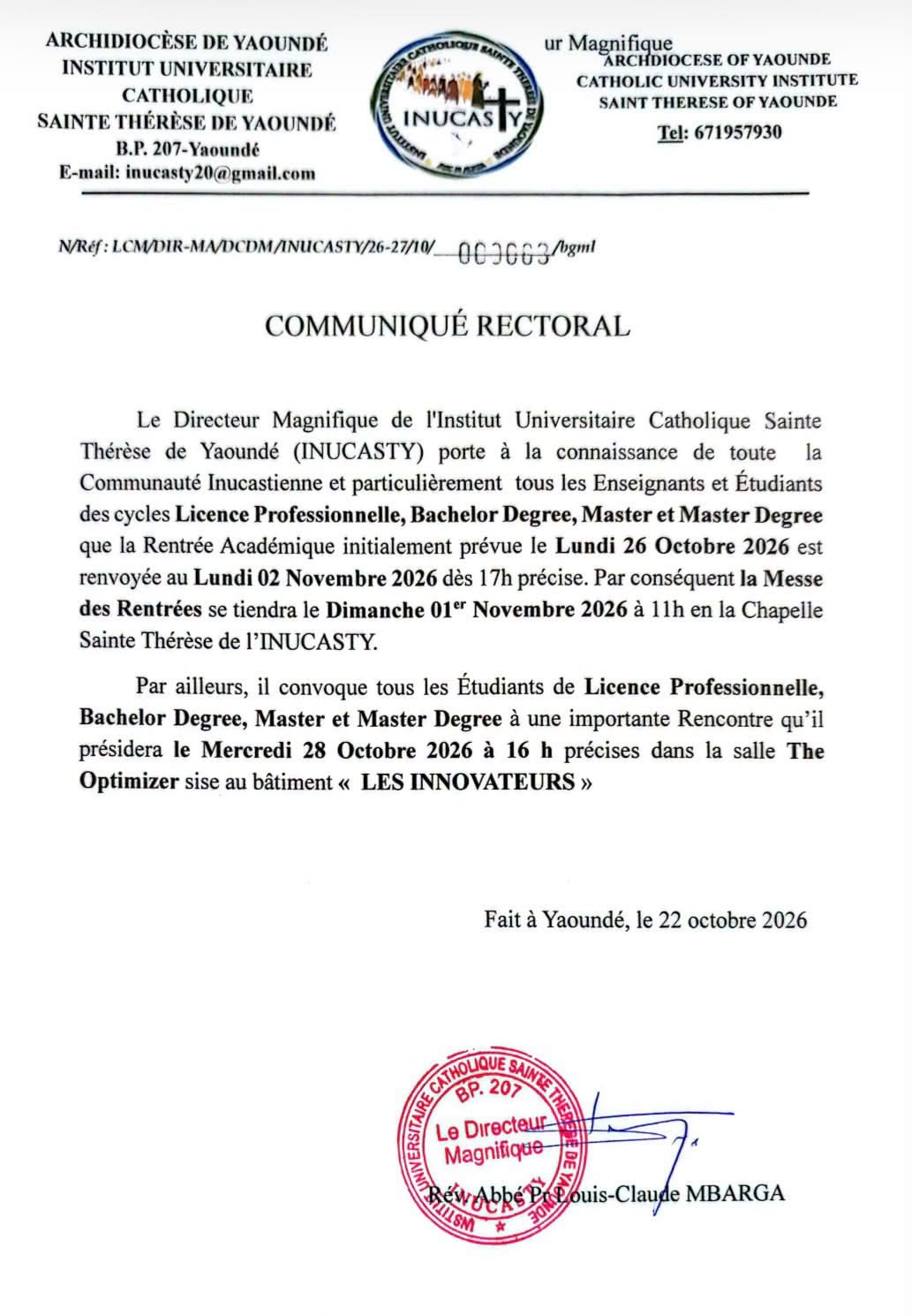 Communiqué Rectoral